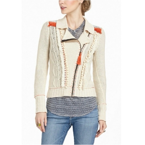 Anthropologie Angel of the North cream fringe knit zip up boho moto cardigan - Picture 1 of 6
